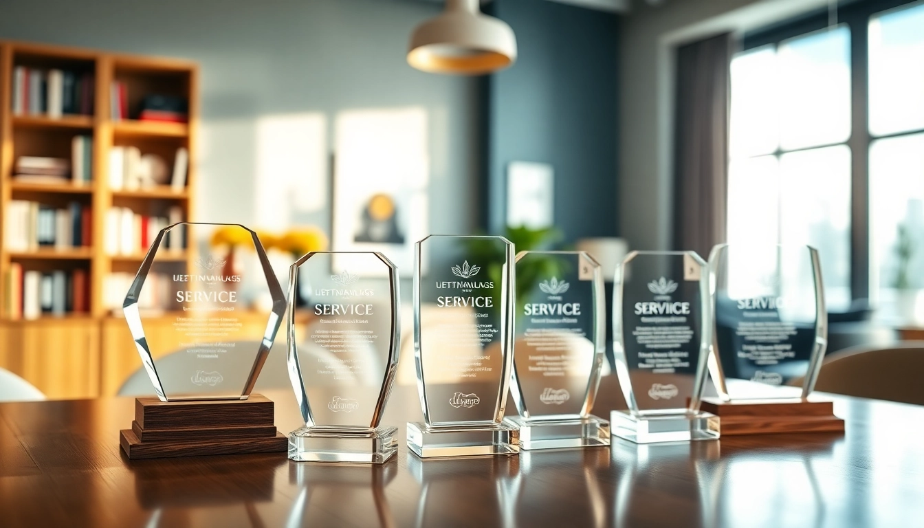 Showcasing beautifully crafted service awards in a modern office setting, celebrating achievements.