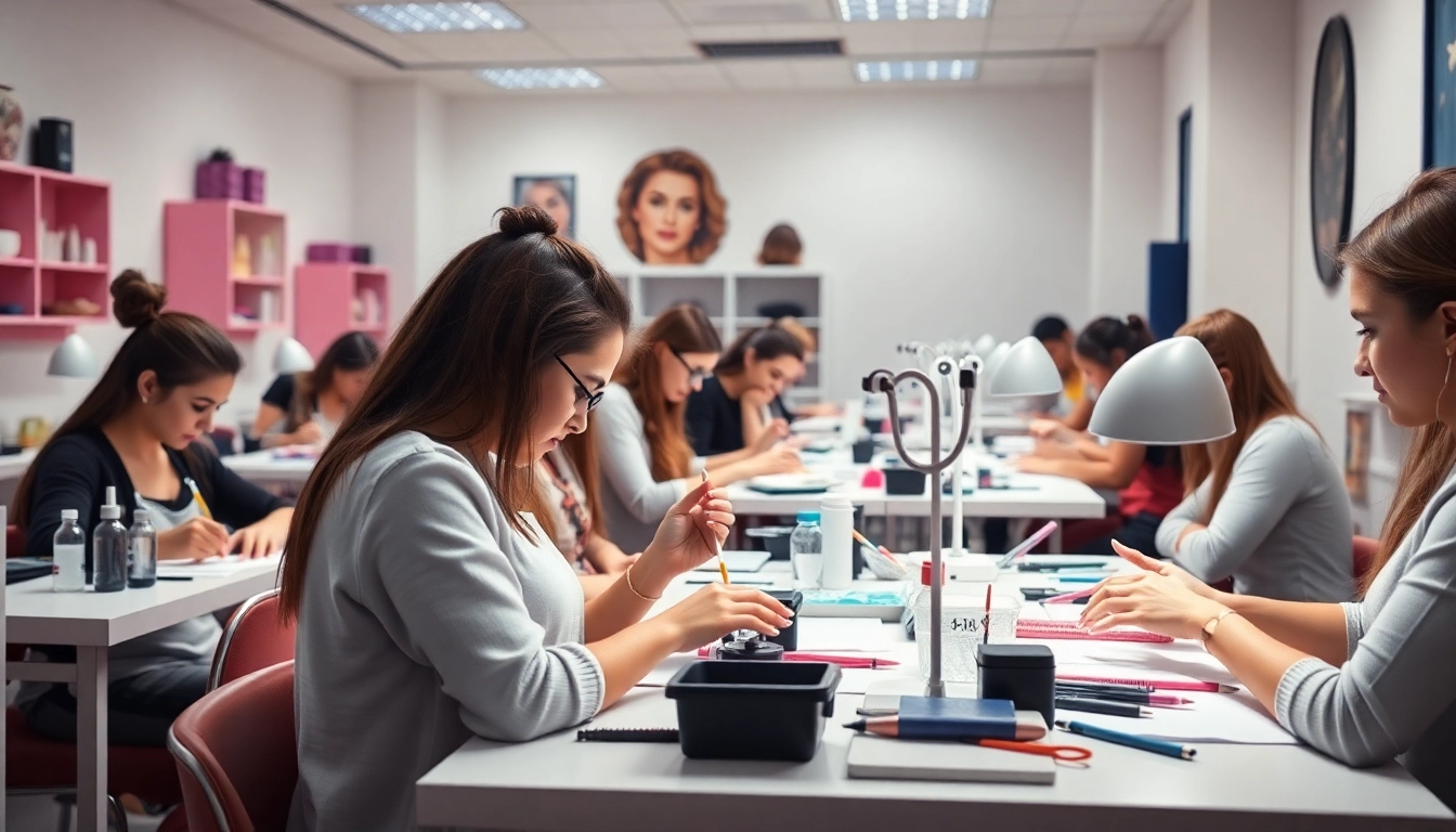 Nail Course students practicing intricate designs on nails with various tools in a bright classroom.