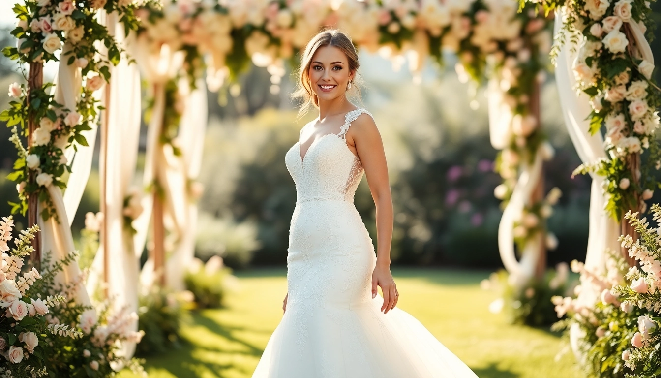 Stylish fit and flare wedding dresses showcased on a beautiful bride in a floral setting.