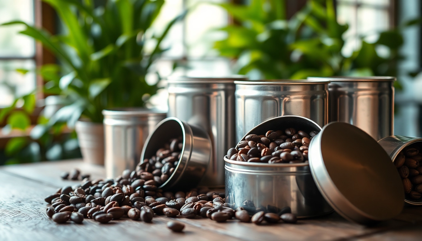 Enhance your coffee experience with beautifully designed coffee tins showcasing rich coffee beans.