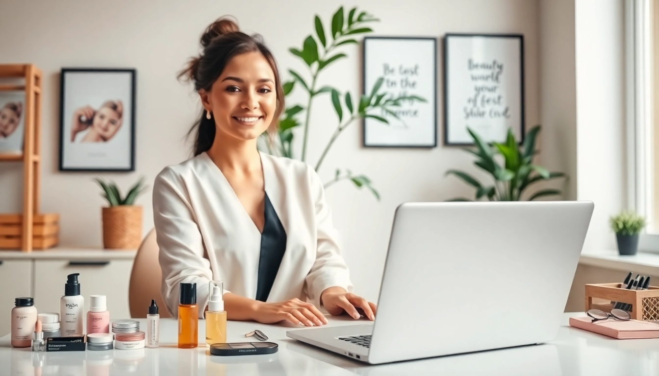 Engaging beauty blogger workspace featuring products related to https://cosmeticsarenas.com.