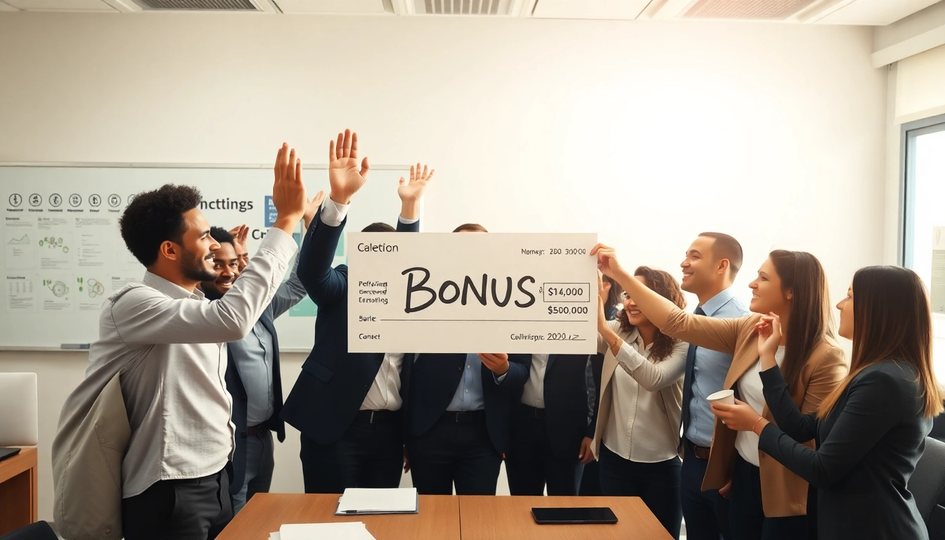 Celebrate the moment of receiving a Bonus with coworkers in a vibrant office setting.