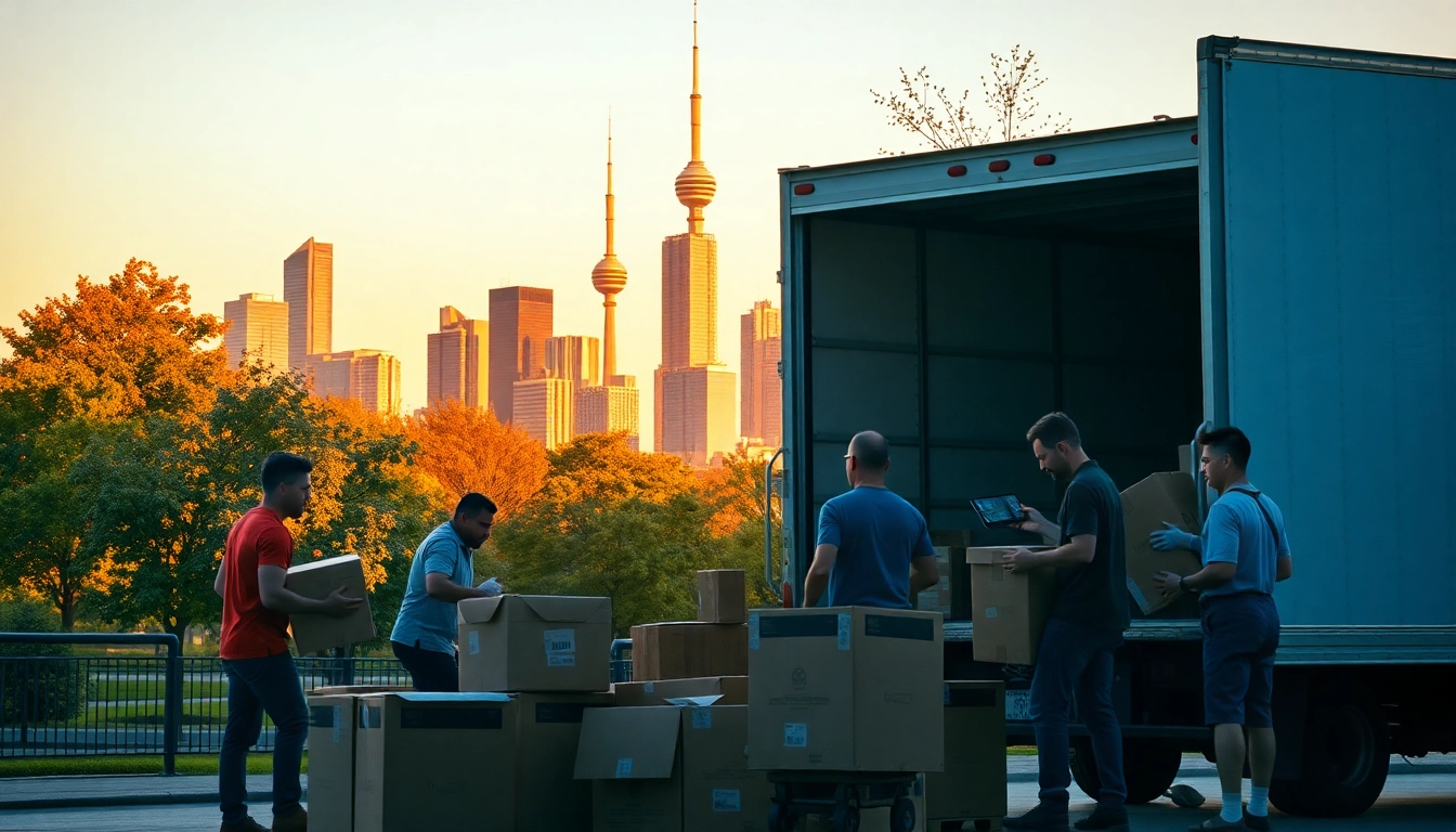 Professional moving company Toronto team unpacking boxes against a vibrant Toronto skyline.
