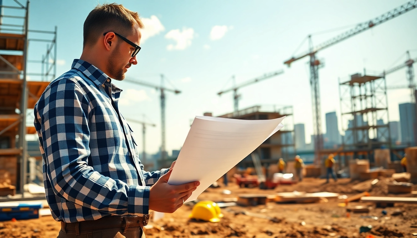 New Jersey General Contractor inspecting blueprints at a busy construction site.