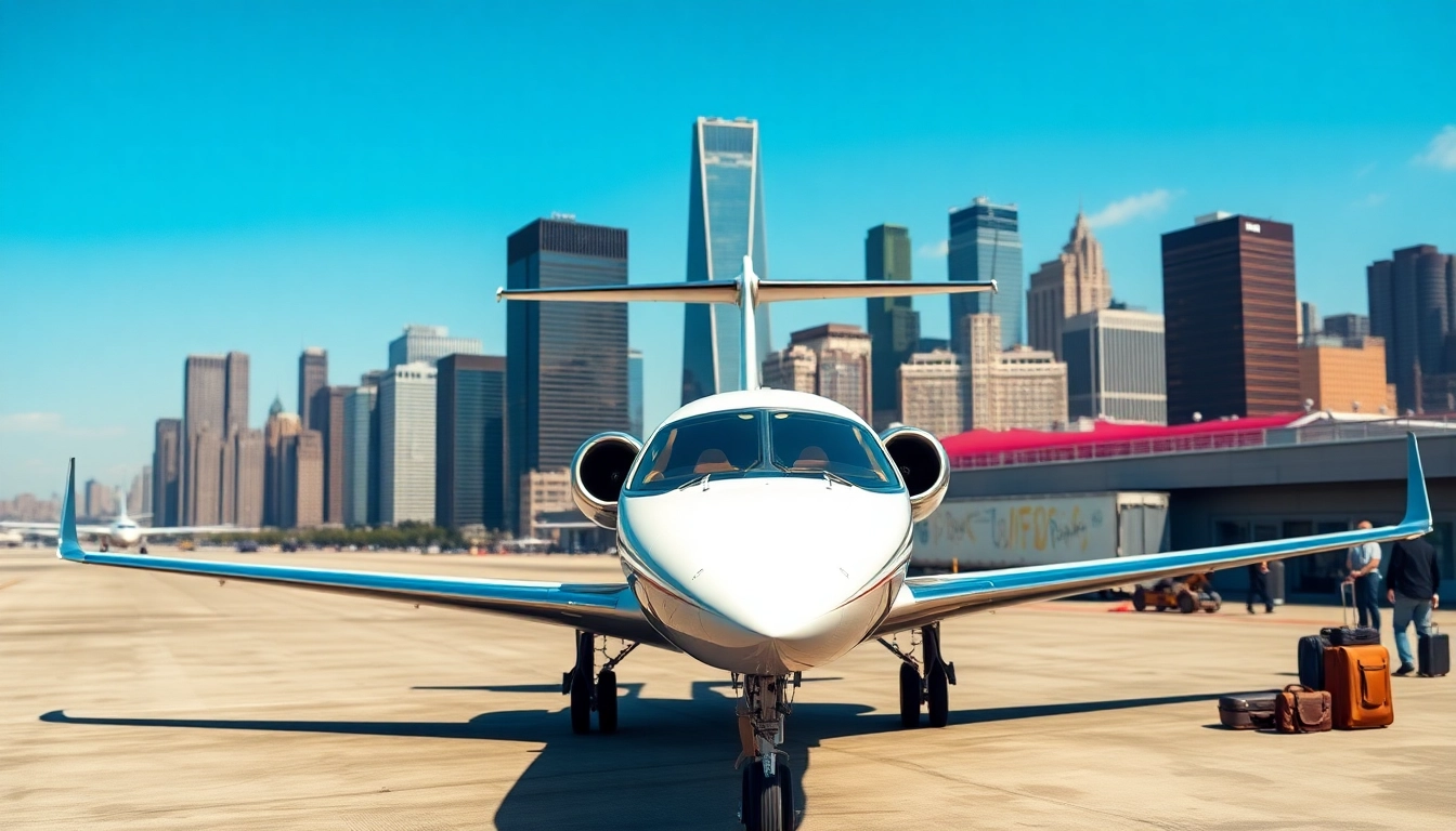 Experience luxurious private jet charter NYC services with a sleek aircraft soaring against the NYC skyline.