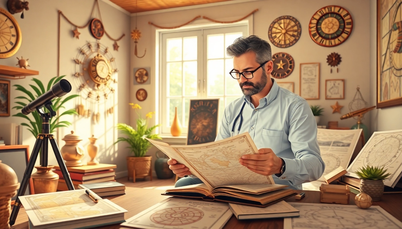 Analyzing personalized horoscopes with astrological charts and celestial decor.