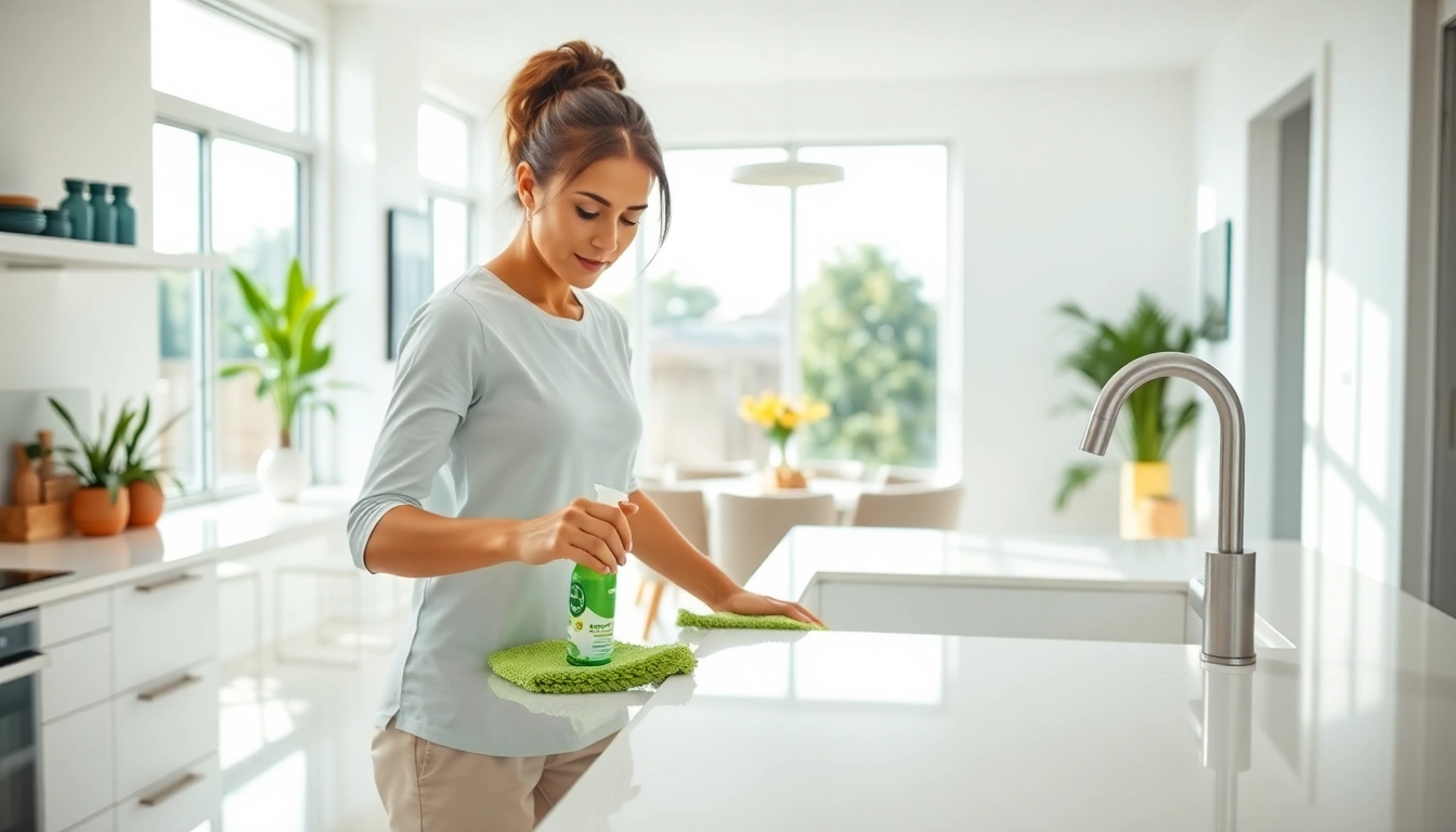 Showcasing bond cleaning Logan service with a cleaner in a pristine kitchen environment.
