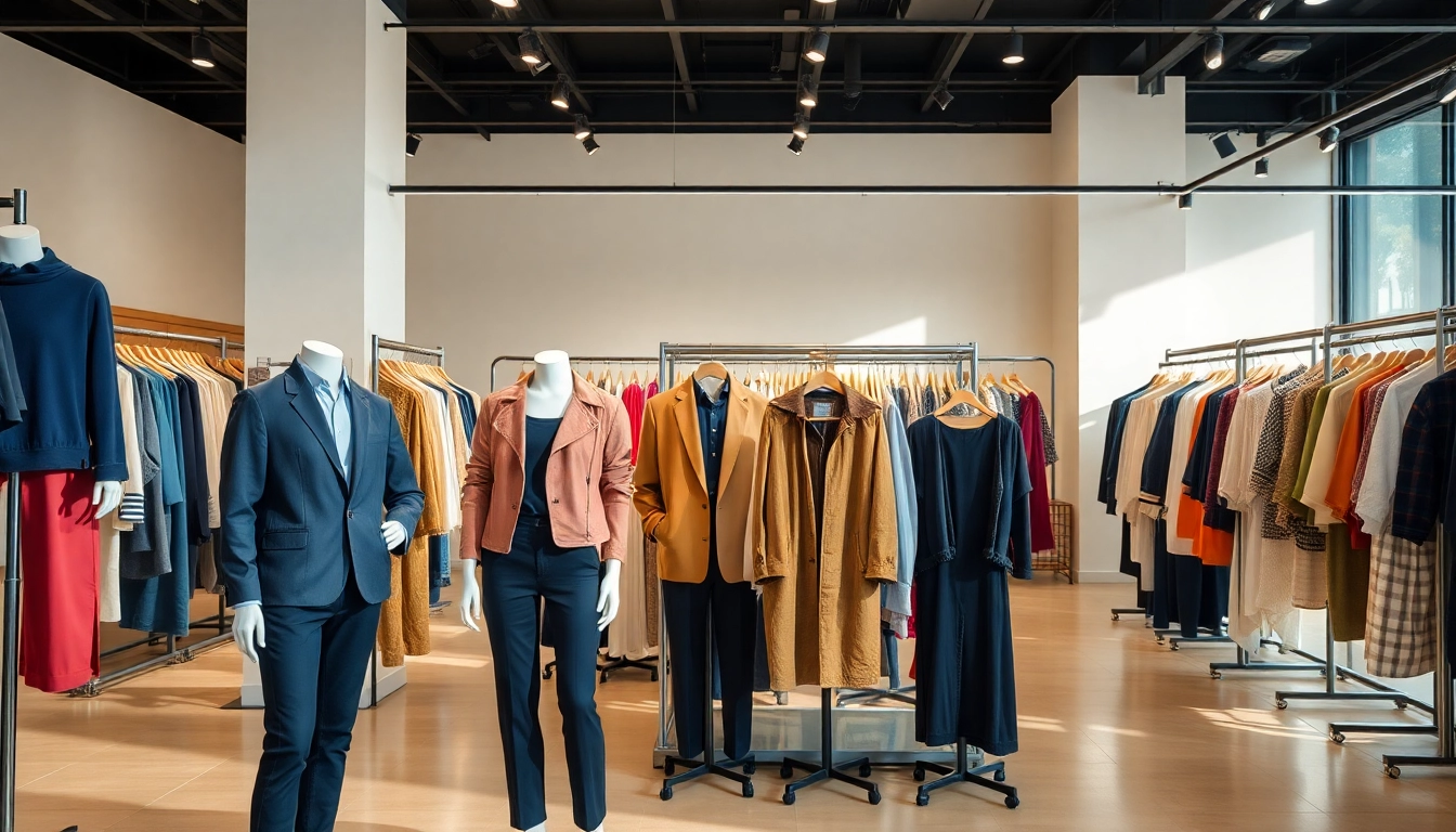 Showcase of vibrant apparel styles in a professional retail display setting.