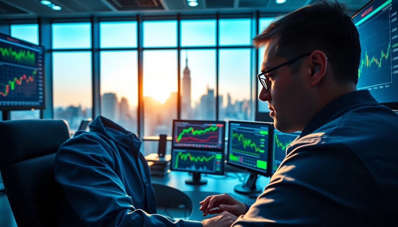 Engaged stock trader performing pre marketing trading analysis in a modern office.