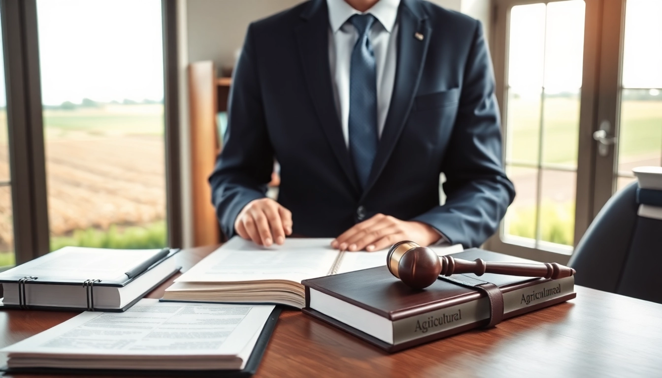 Engaging agriculture lawyer reviewing legal documents in a bright professional office.
