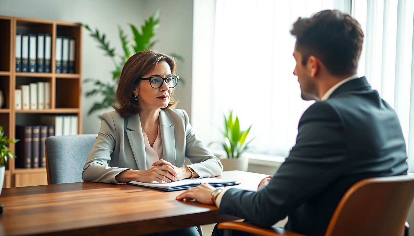 Engaged divorce lawyer consulting a client in a modern office environment.