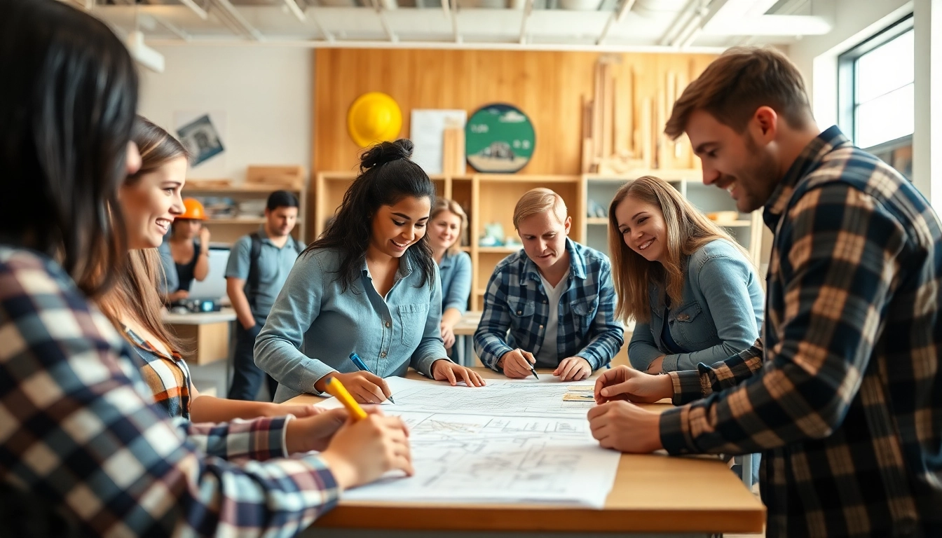 Engaged students in construction education Colorado learning hands-on with tools and blueprints.