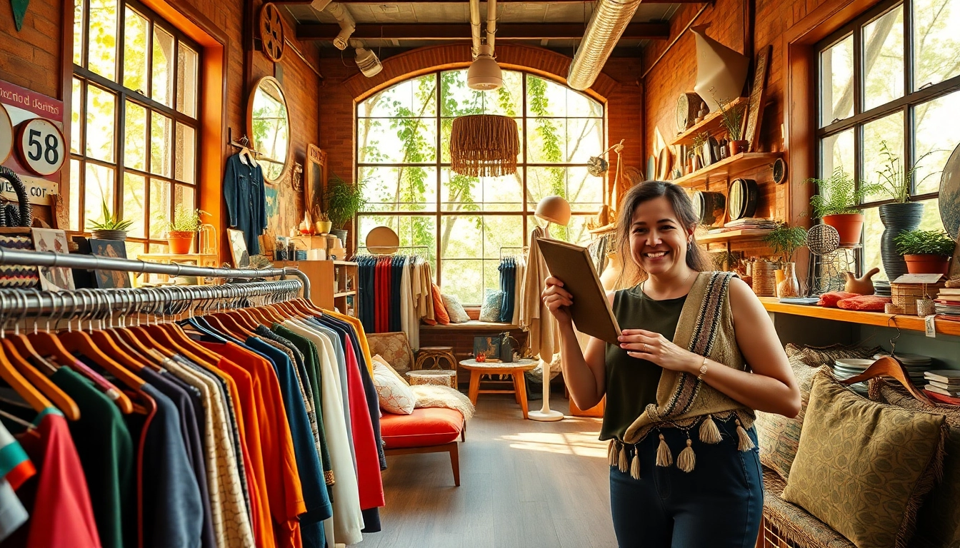 A cheerful shopper finds unique items at a thrift store Denmark filled with vintage treasures.