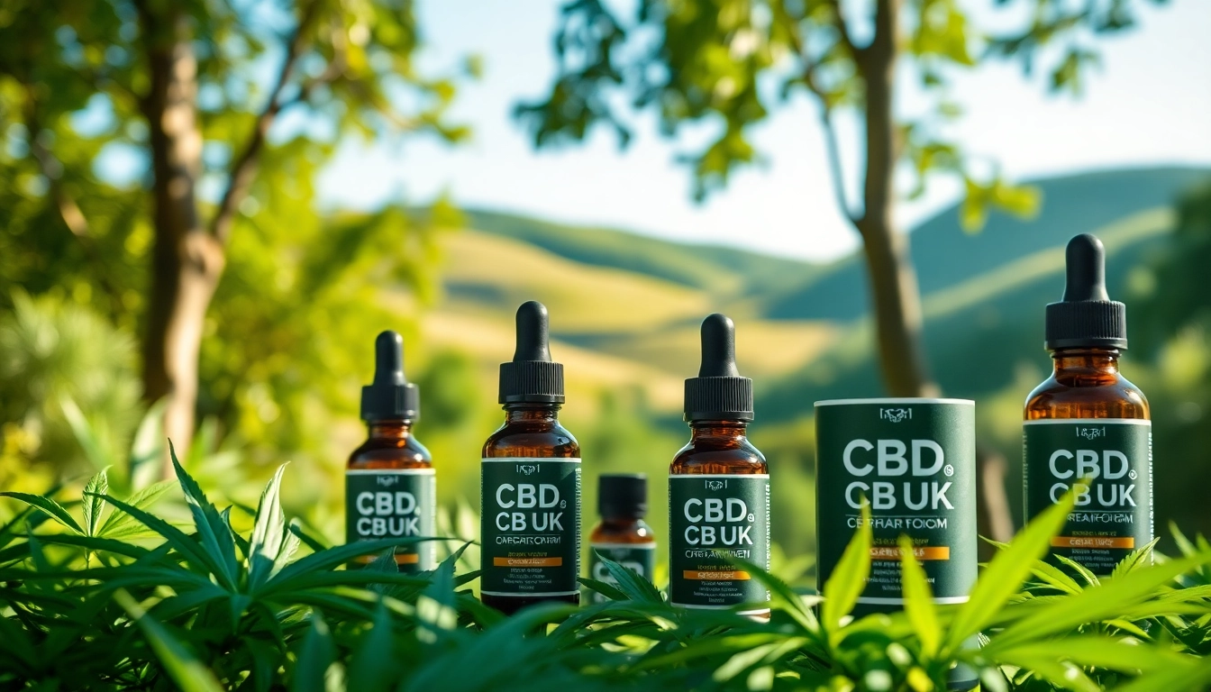 Highlighting quality CBD UK products arranged creatively amidst natural greenery, promoting wellness.