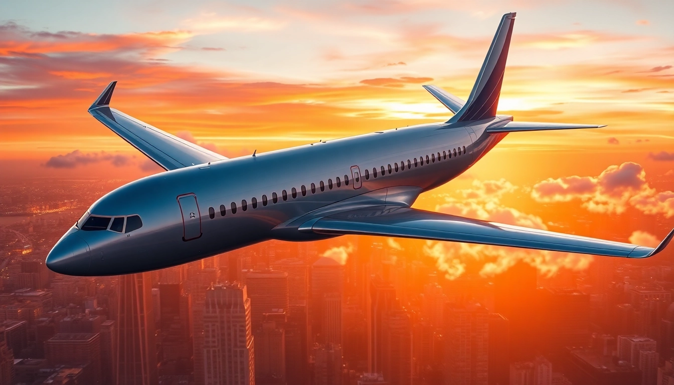Airbus flying over a vibrant cityscape at sunset, showcasing modern aviation.