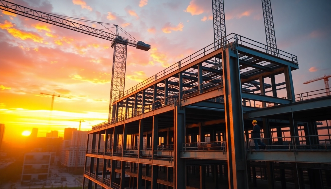 Engaging structural steel construction showcasing beams and workers in a sunset-lit urban space.