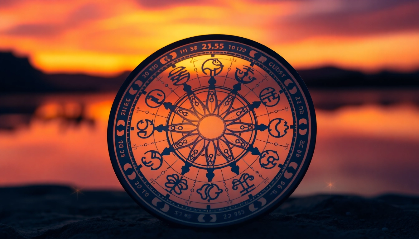 Horoskop chart with zodiac signs against a captivating sunset background.