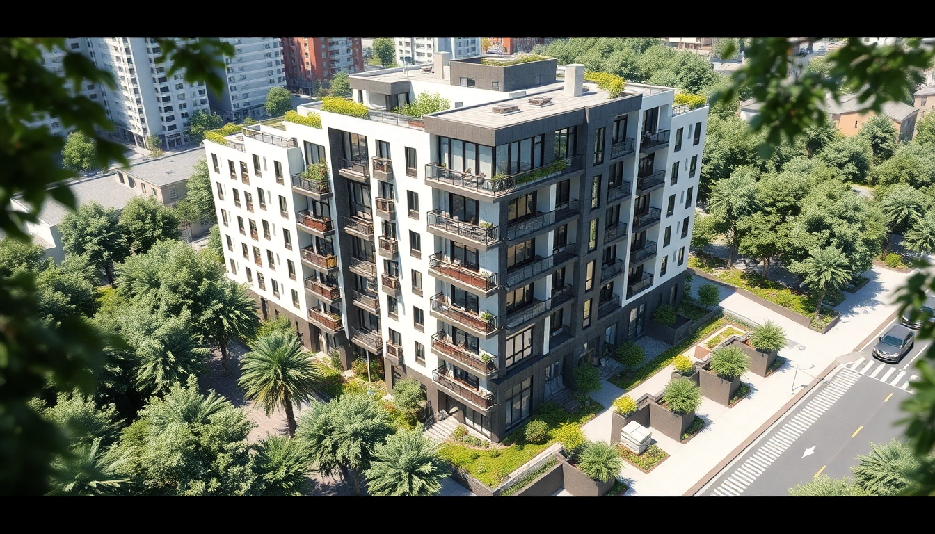 Visualisierung Architektur eines modernen Wohngebäudes mit Details und realistischer Umgebung.