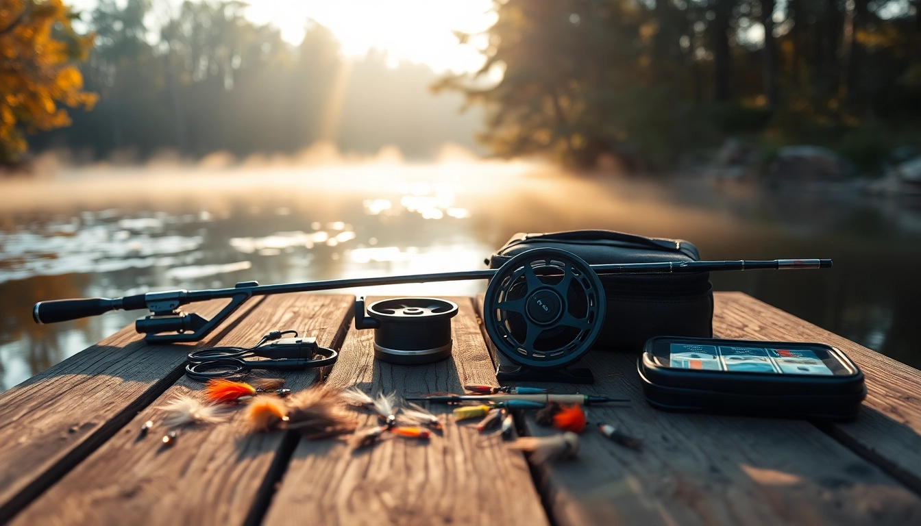 Explore a detailed fly fishing kit on a river pier, highlighting essential gear and accessories for enthusiasts.