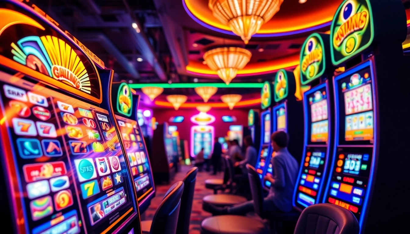 Menampilkan qqmacan slot yang seru di kasino modern dengan berbagai mesin slot.