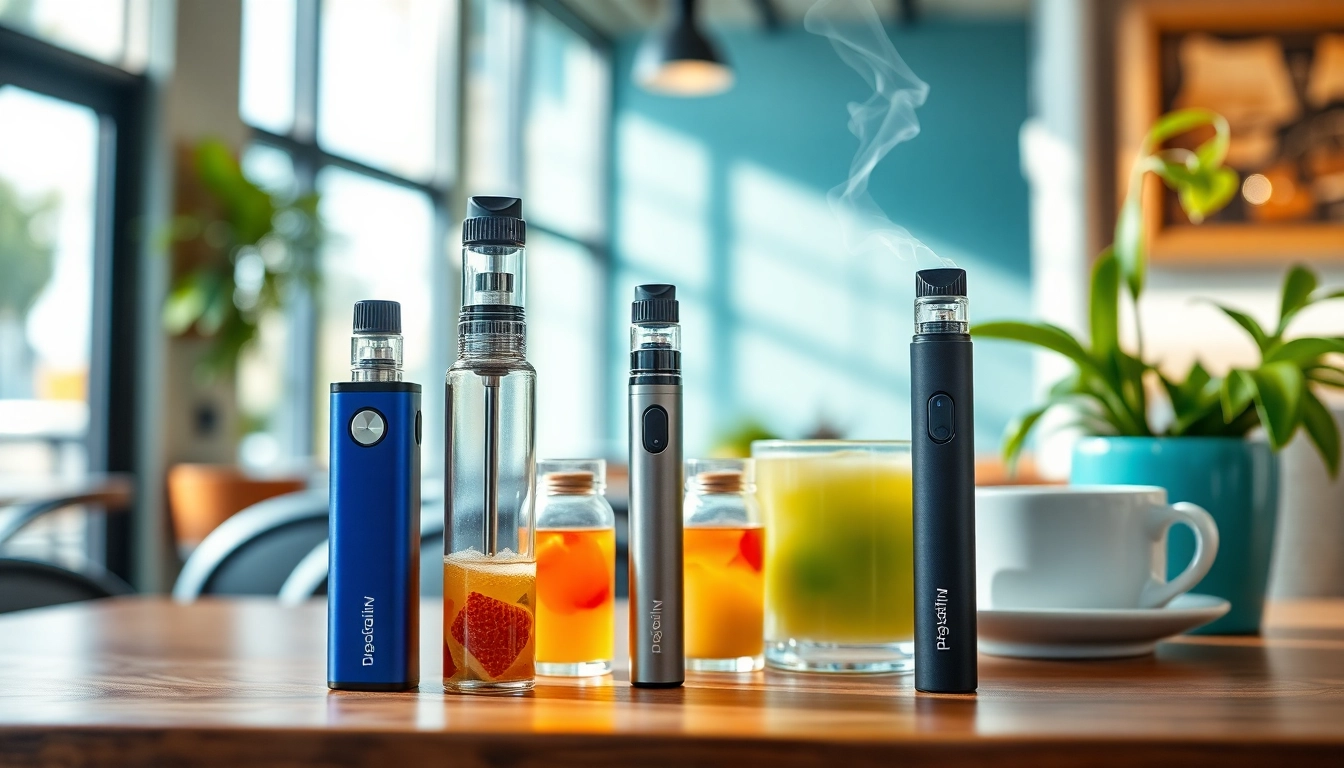 使い捨て電子タバコの多様なフレーバーを展示したモダンなカフェの情景