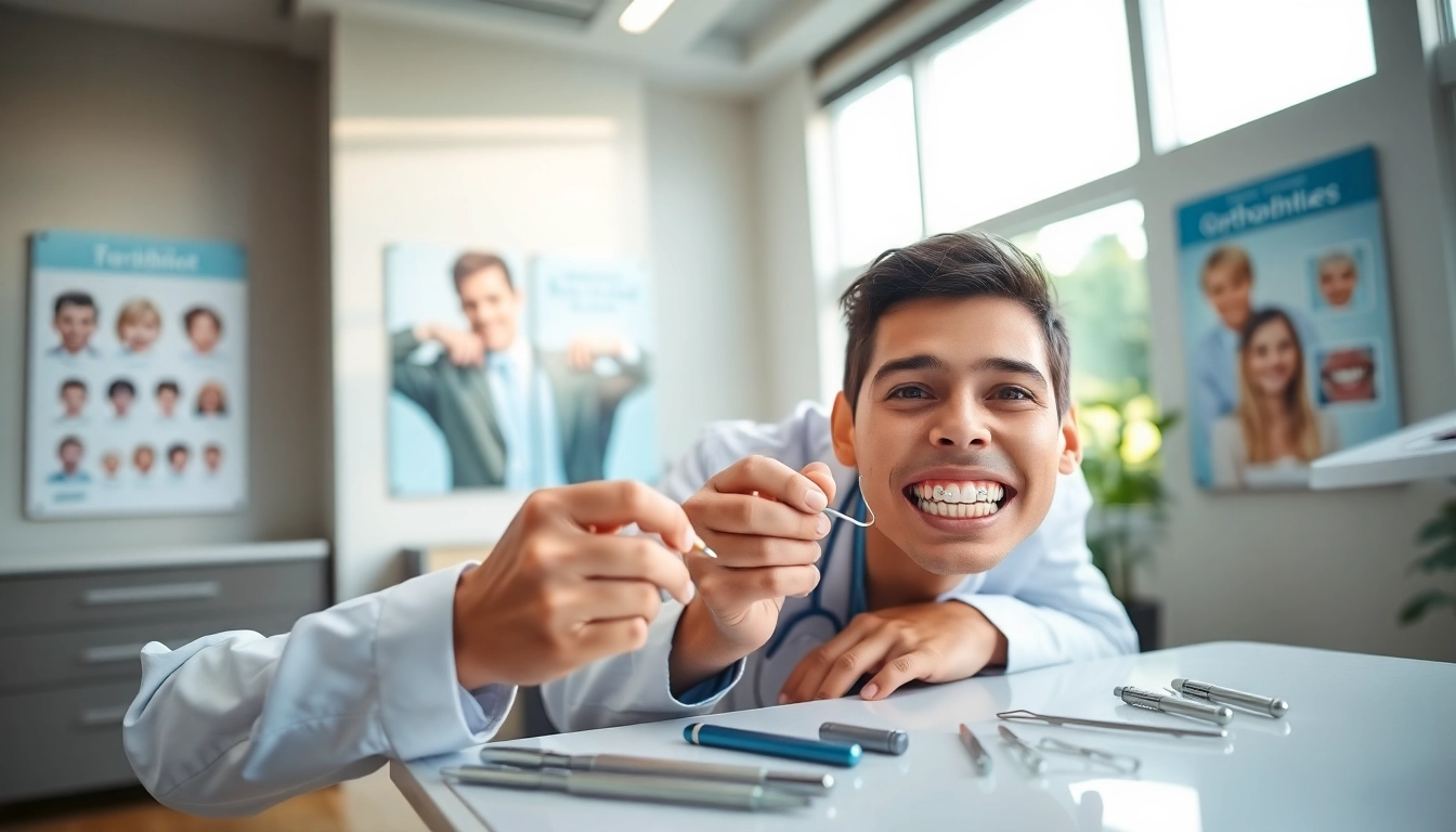 Orthodontist Myrtle Beach adjusting braces for a smiling teenager in a welcoming dental office.