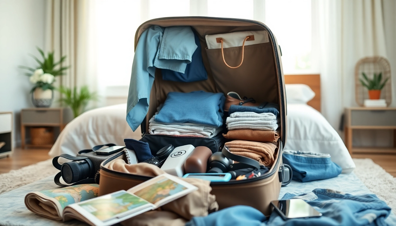Efficient trip packing guide with essentials neatly organized in a suitcase.